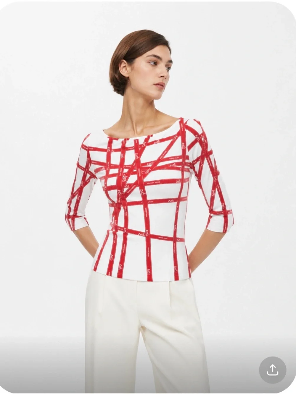 VINTAGE HERMES Red & White Grid-Print Scoop Neck Top Size S - Picture 2 of 11